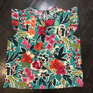 Shein Luneh Plus Floral Print Ruffle Trim Top